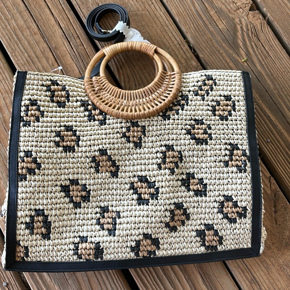 H&M Beige and black paper straw shopper handbag NWOT
